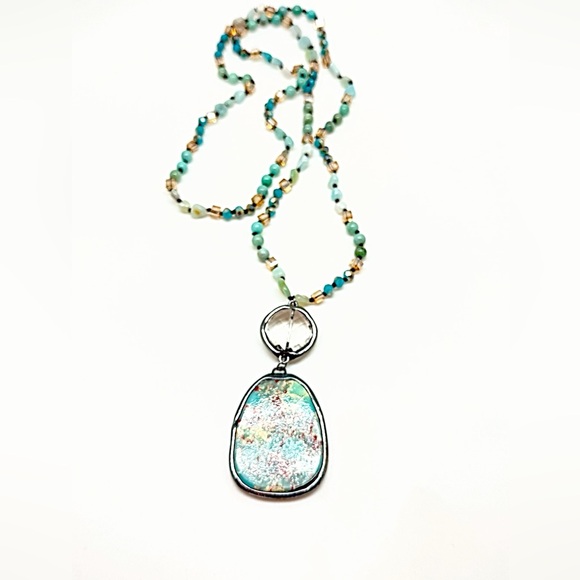 Boho Chic Turquoise & Mixed Gemstones Hand Knotted Chain Necklace, 34” Long, New - Picture 1 of 8